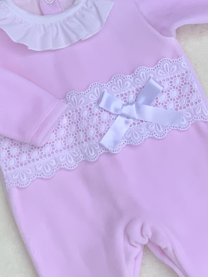BABY GIRLS PINK WHITE LACE VELOUR ALL IN ONE 