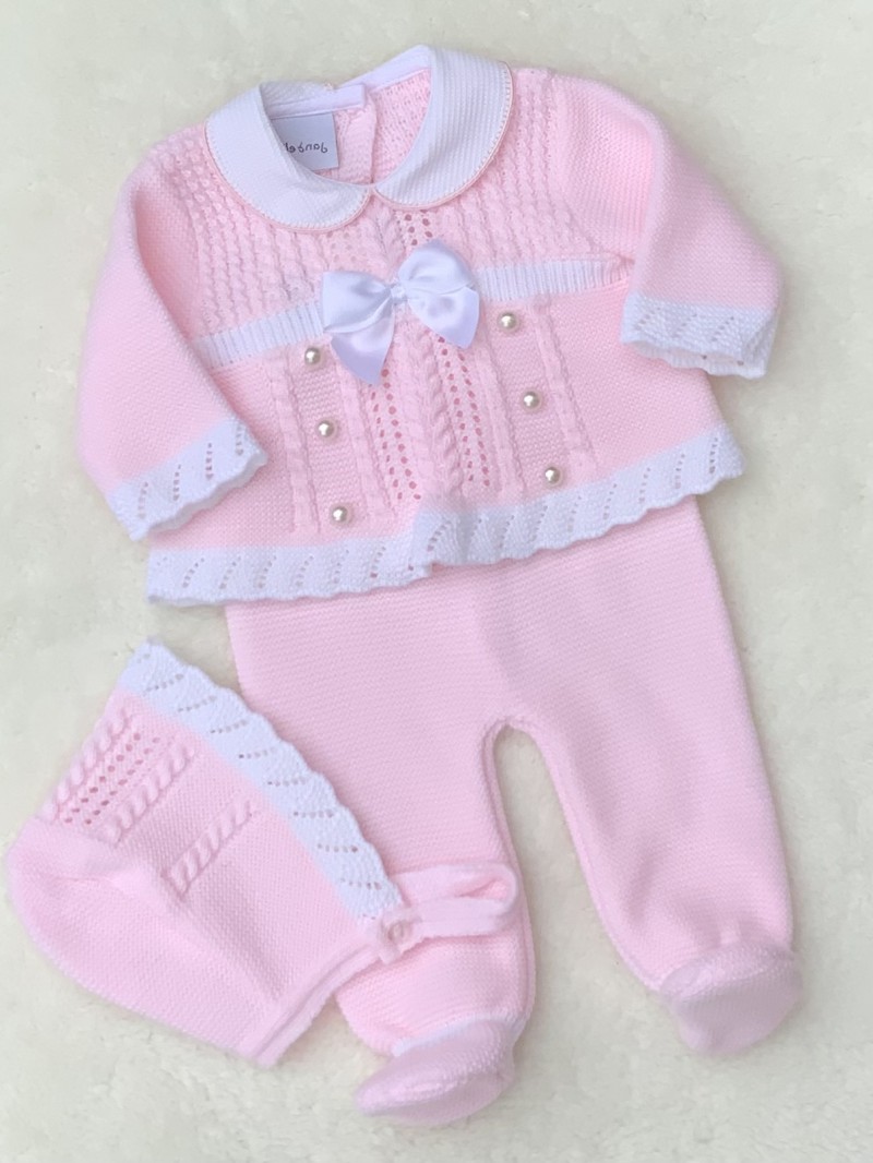 BABY GIRLS PINK WHITE KNITTED JUMPERS TROUSER