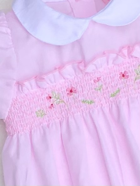 BABY GIRLS PINK WHITE SMOCKED EMBROIDED COTTO