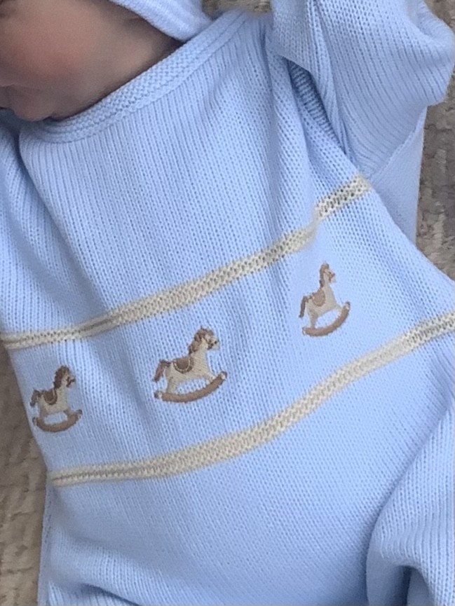 BABY BOYS BLUE KNITTED ROMPER ROCKING HORSE 