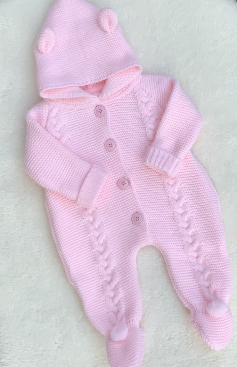 BABY PINK GIRLS CABLE KNITTED ROMPER PRAMSUIT