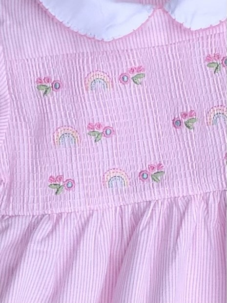BABY GIRLS PINK SMOCKED DRESS ROSES RAINBOW 