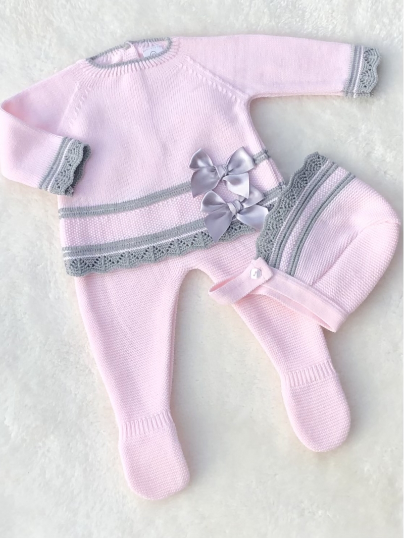 girls knitted outfit pink grey bows hat jumpe