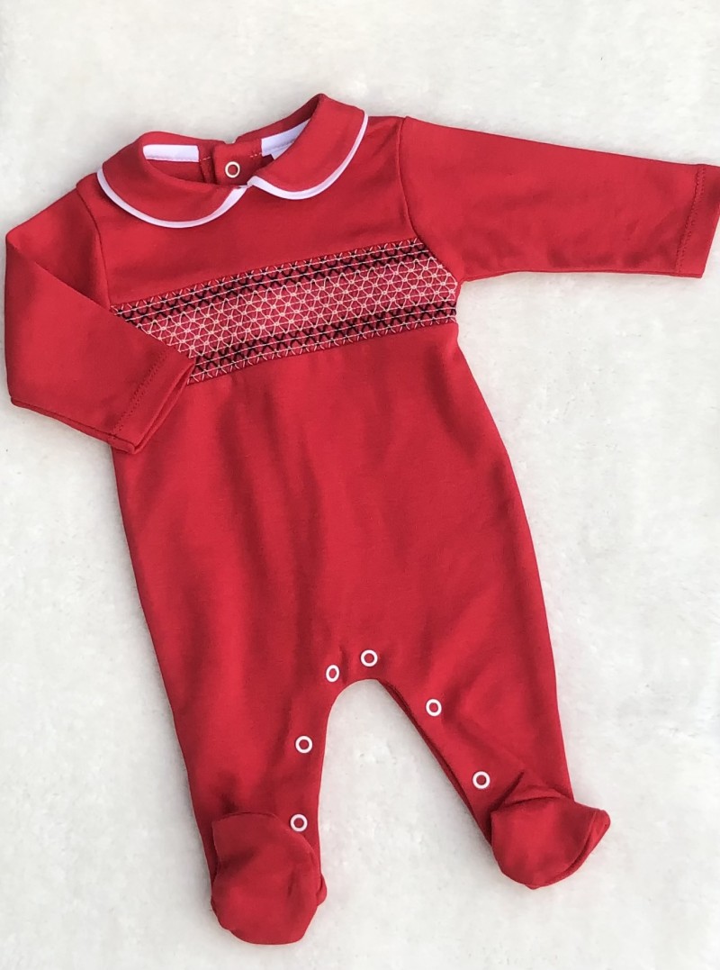 BABIES RED CHRISTMAS COTTON SMOCKED ROMPER 
