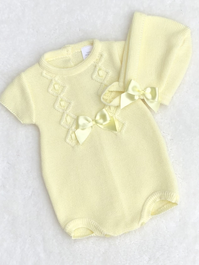 babies lemon cable knitted romper hat with bo