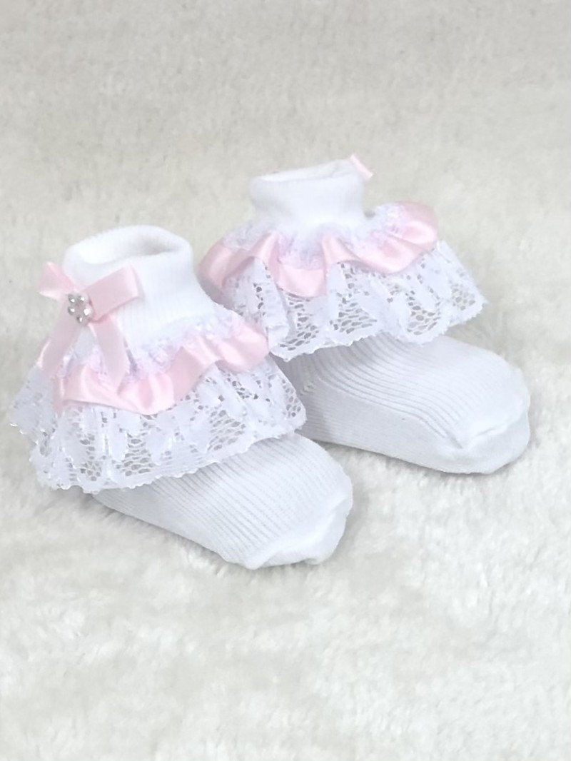 TRADITIONAL BABY GIRLS PINK DIAMANYTE LACE AN
