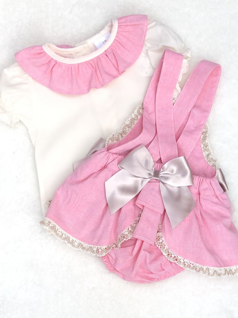 BABY GIRLS CORAL AND CREAM ROMPER  DUNGEREE S