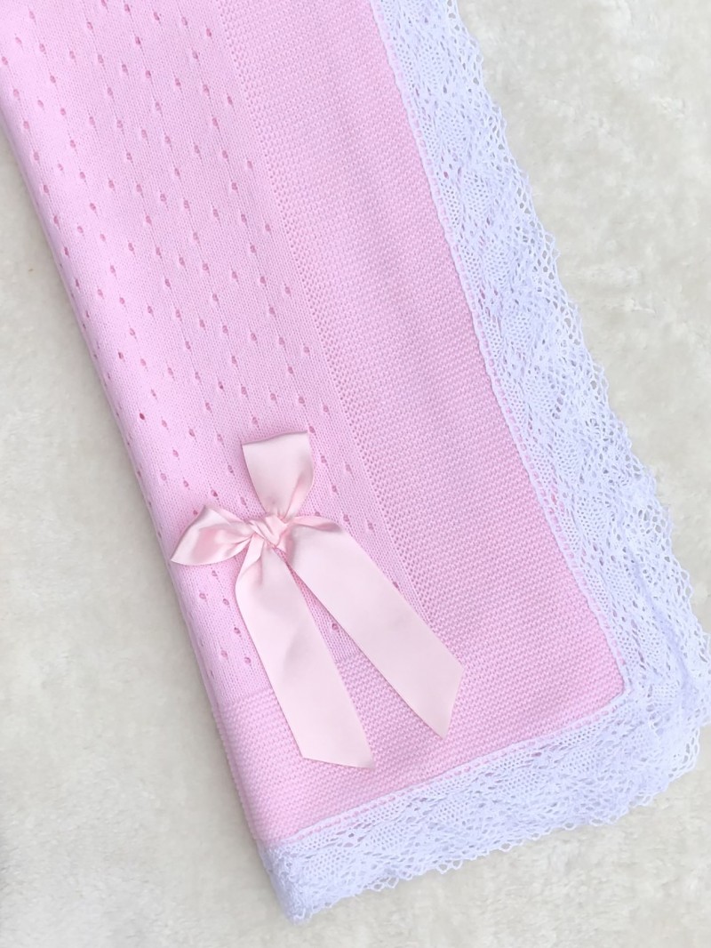 PINK KNITTED SHAWL BLANKET WHITE LACE TRIM BO