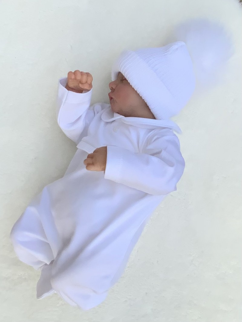 UNISEX BABIES WHITE COTTON ROMPER PLEATED DET