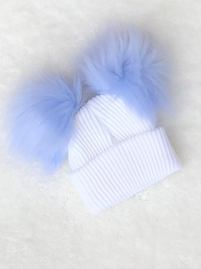 Babies white knitted blue pom pom hat