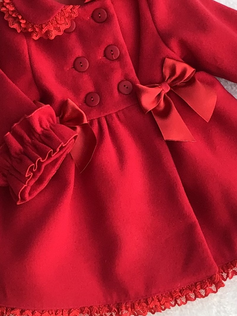 TRADITIONAL BABY GIRLS RED DUFFLE COAT  LACE 