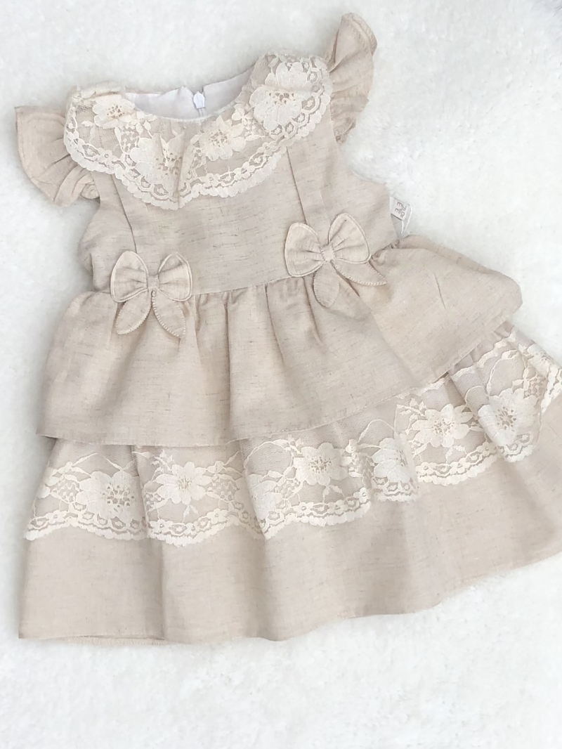baby girls beige linen lace layered dress hea