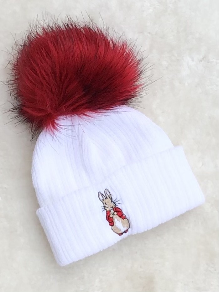 UNISEX NAVY RED FAUX FUR POM POM KNITTED HAT 