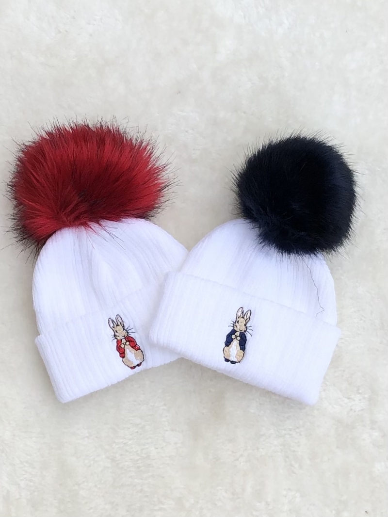 unisex navy red faux fur pom pom knitted hat 