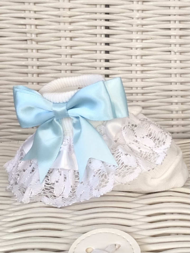 baby girls white frilly lace ankle socks blue