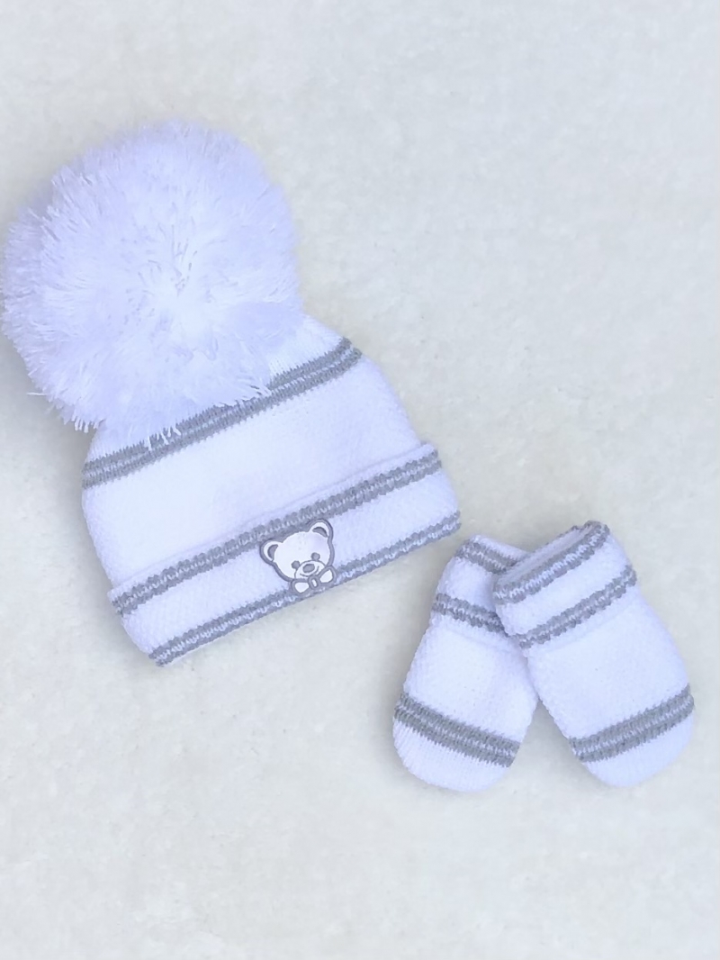 babies white and grey knitted hat pom pom mit