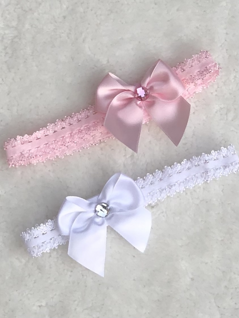 baby girls lace headband satin bow gem  white