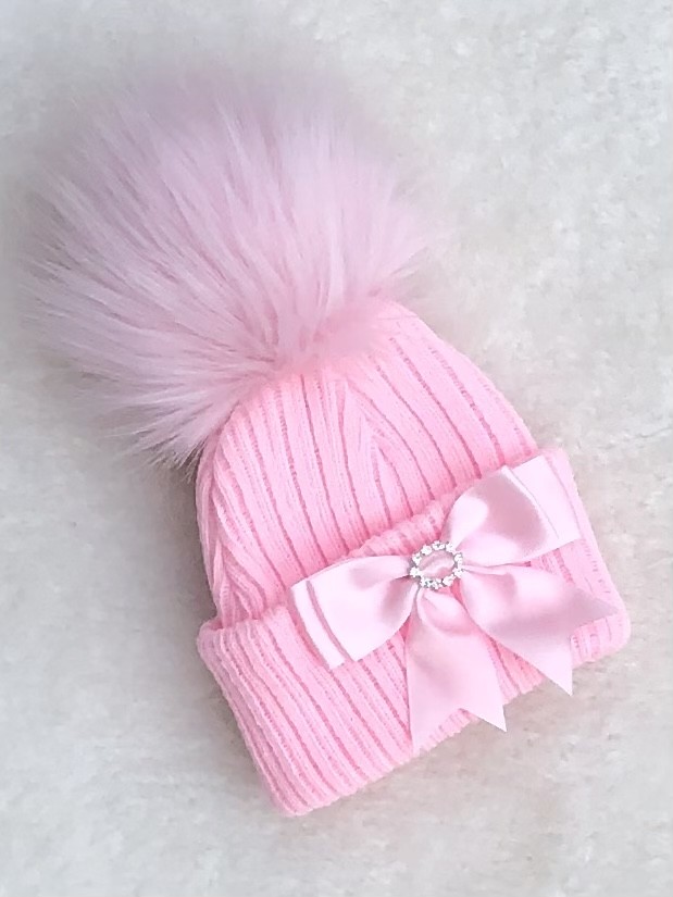 BABIES PINK WHITE KNITTED POM POM HAT DIAMANT