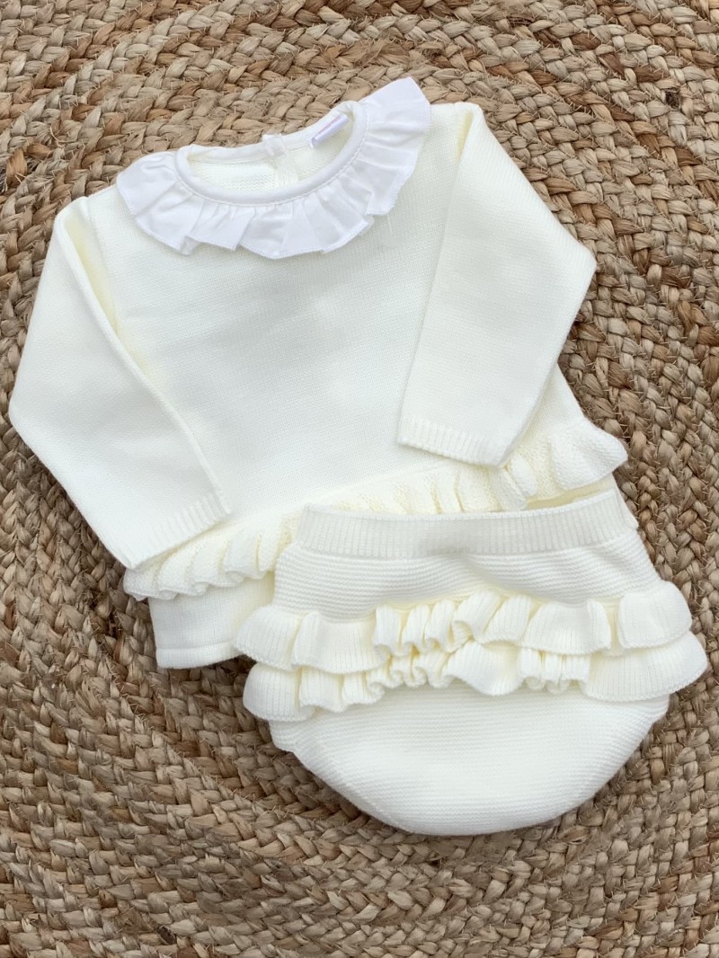 BABY GIRLS CREAM IVORY FRILLY KNITTED JUMPER 