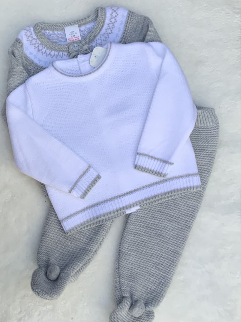 BABIES GREY WHITE FAIR ISLE KNITTED OUTFIT 