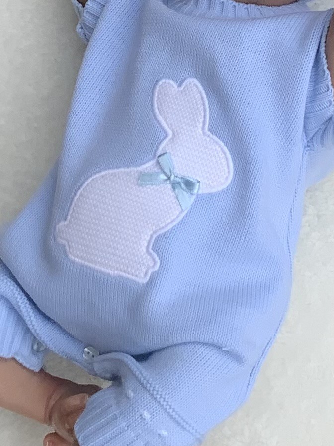 BABY BOYS BLUE EASTER BUNNY KNITTED ROMPER 