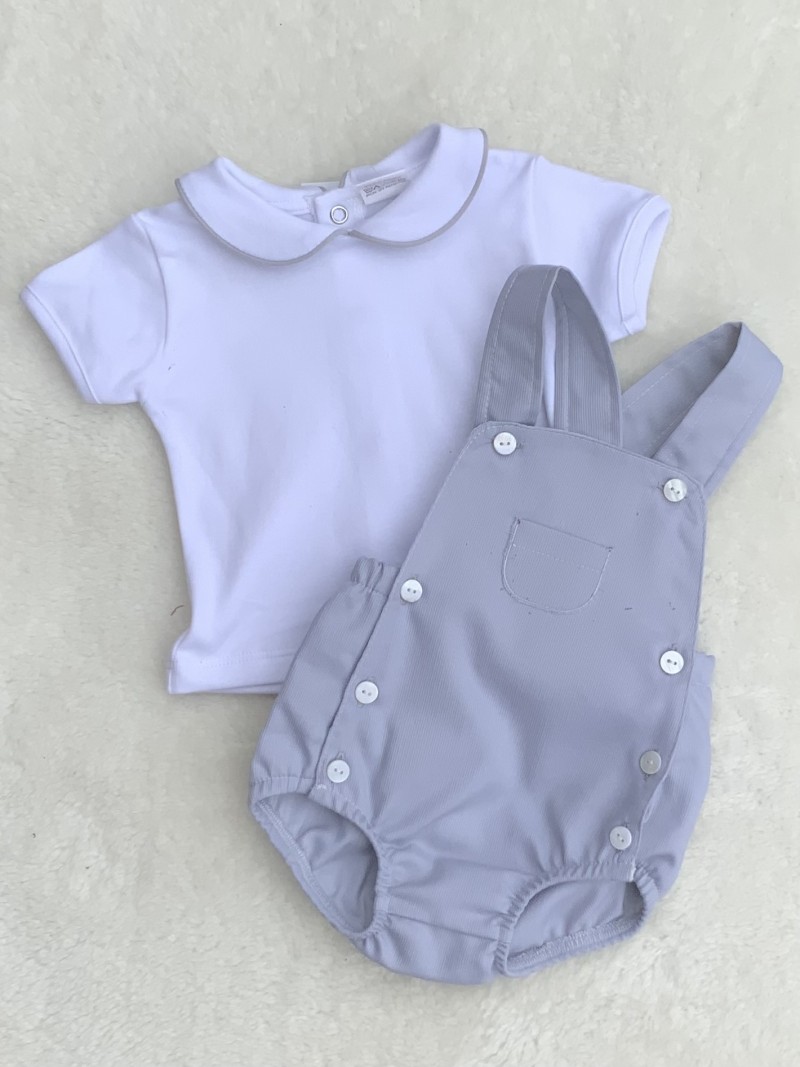 BABY BOYS GREY DUNGEREES SHORTS  ROMPER AND T
