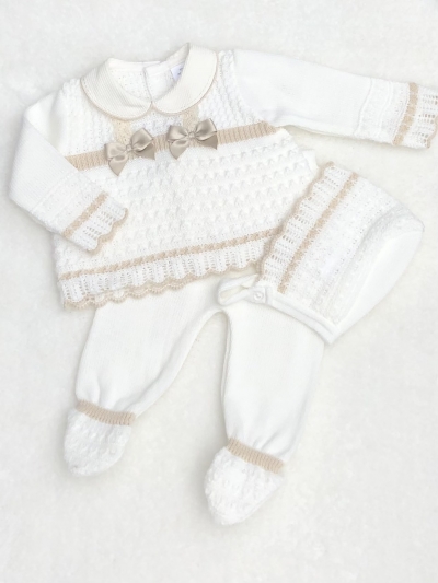 babies unisex knitted jumper trousers hat cream