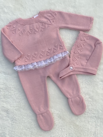 baby girls dusky pink knitted lace trim jumper leggings 