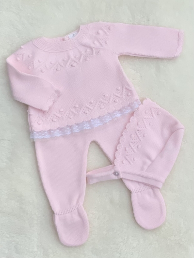 babies soft pink knitted lace set jumper trousers hat