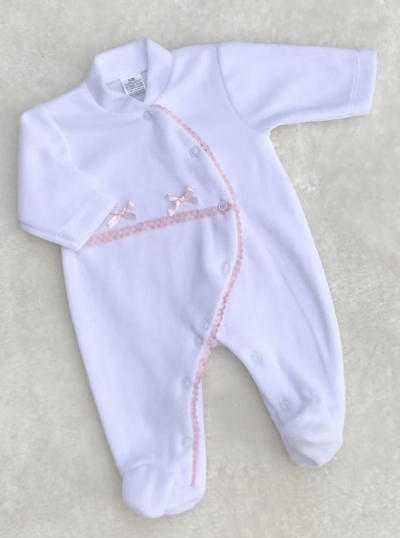baby girls white velour romper pink lace trim 
