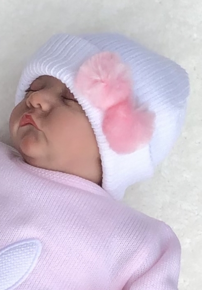 baby girls white knitted hat pink pom poms