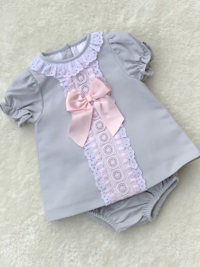 baby girls grey aline dress pink lace bows