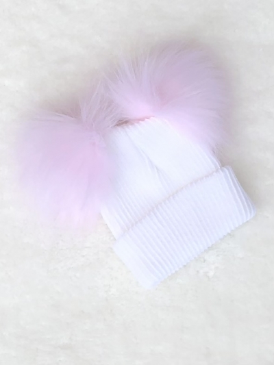 baby girls white pink double pom pom faux fur hat 