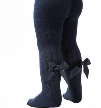 baby girls navy blue knitted chevron tights with bow
