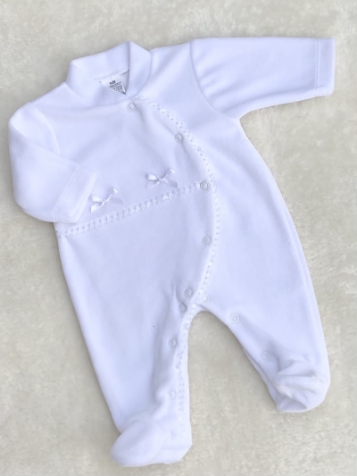 baby girls white velour all in one romper lace bows
