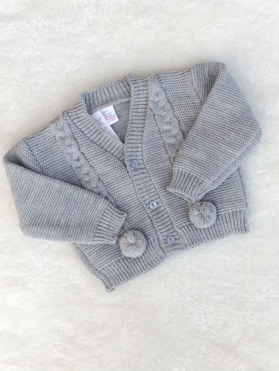 babies grey knitted cardigan pom poms