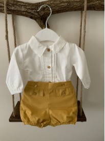 spanish style baby boys mustard jam pants  shorts ivory shirt 