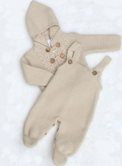 unisex babies knitted dungerees and coat biscuit beige