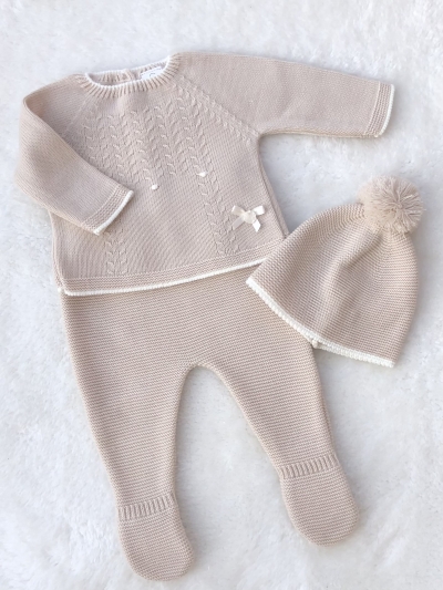 babies beige biscuit knitted set jumper trousers hat