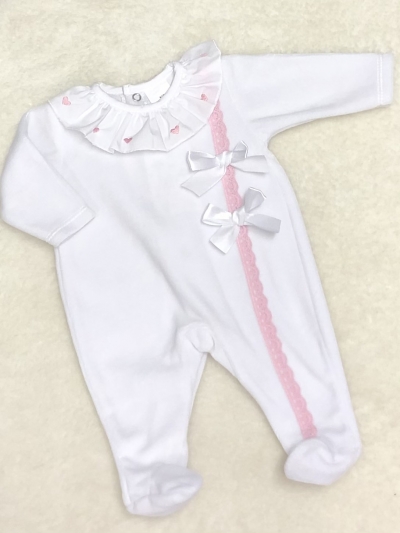 baby girls white all in one velour romper pink bows