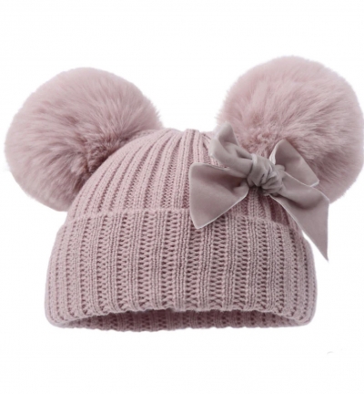 baby girls dusky pink knitted faux fur pom pom hat velvet  bow