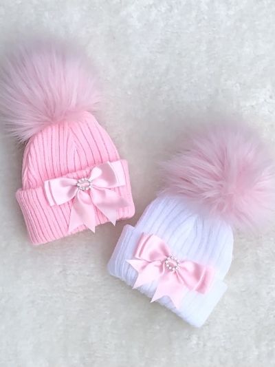 babies pink white knitted pom pom hat diamante bow