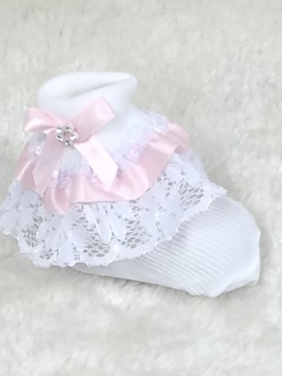 traditional baby girls pink diamanyte lace ankle socks