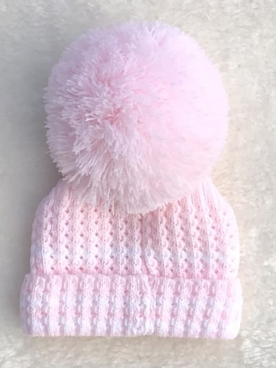 baby girls knitted hat pink white large pom pom