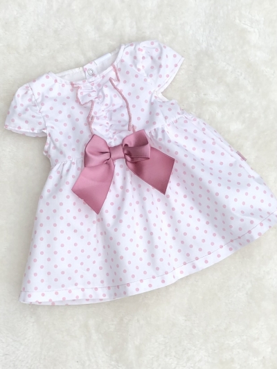 girls white pink polka sopt cotton dress bow
