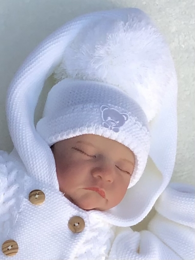 babies unisex white knitted large pom pom hat teddy motif