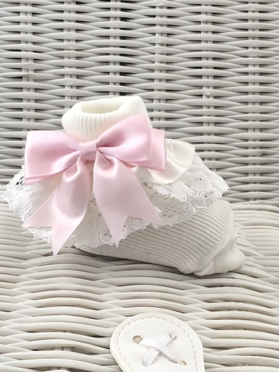 baby girls cream frilly lace ankle socks pink bow