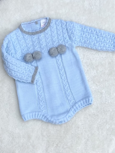 baby boys cable knitted romper grey pom poms