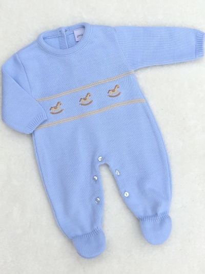 baby boys blue knitted romper rocking horse 