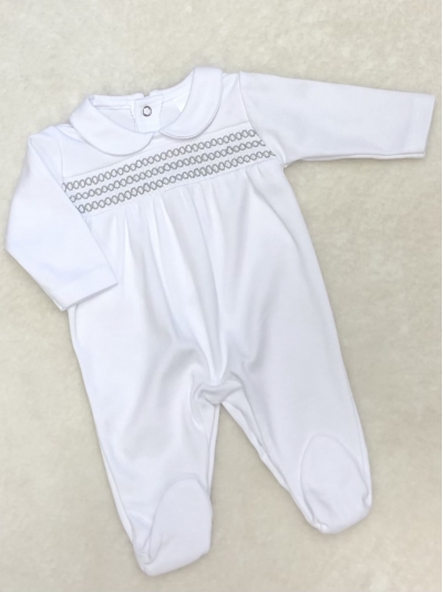 unisex white cotton all in one romper grey smocking